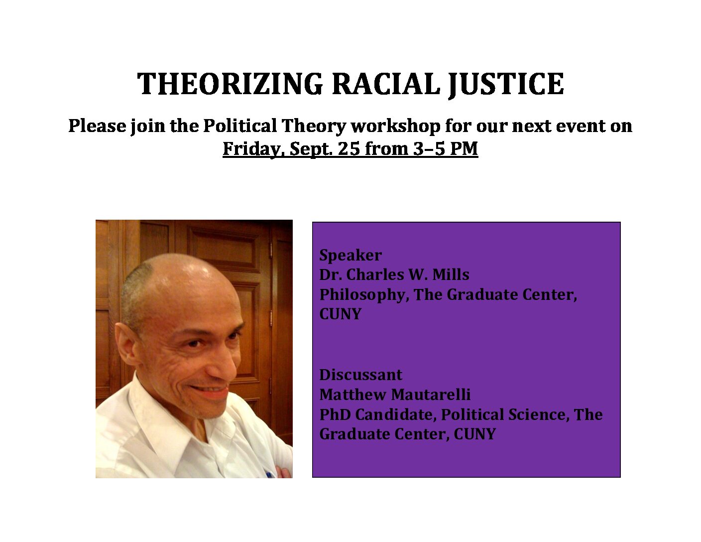 Political Theory Workshop: Charles Mills, "Theorizing Racial Justice"