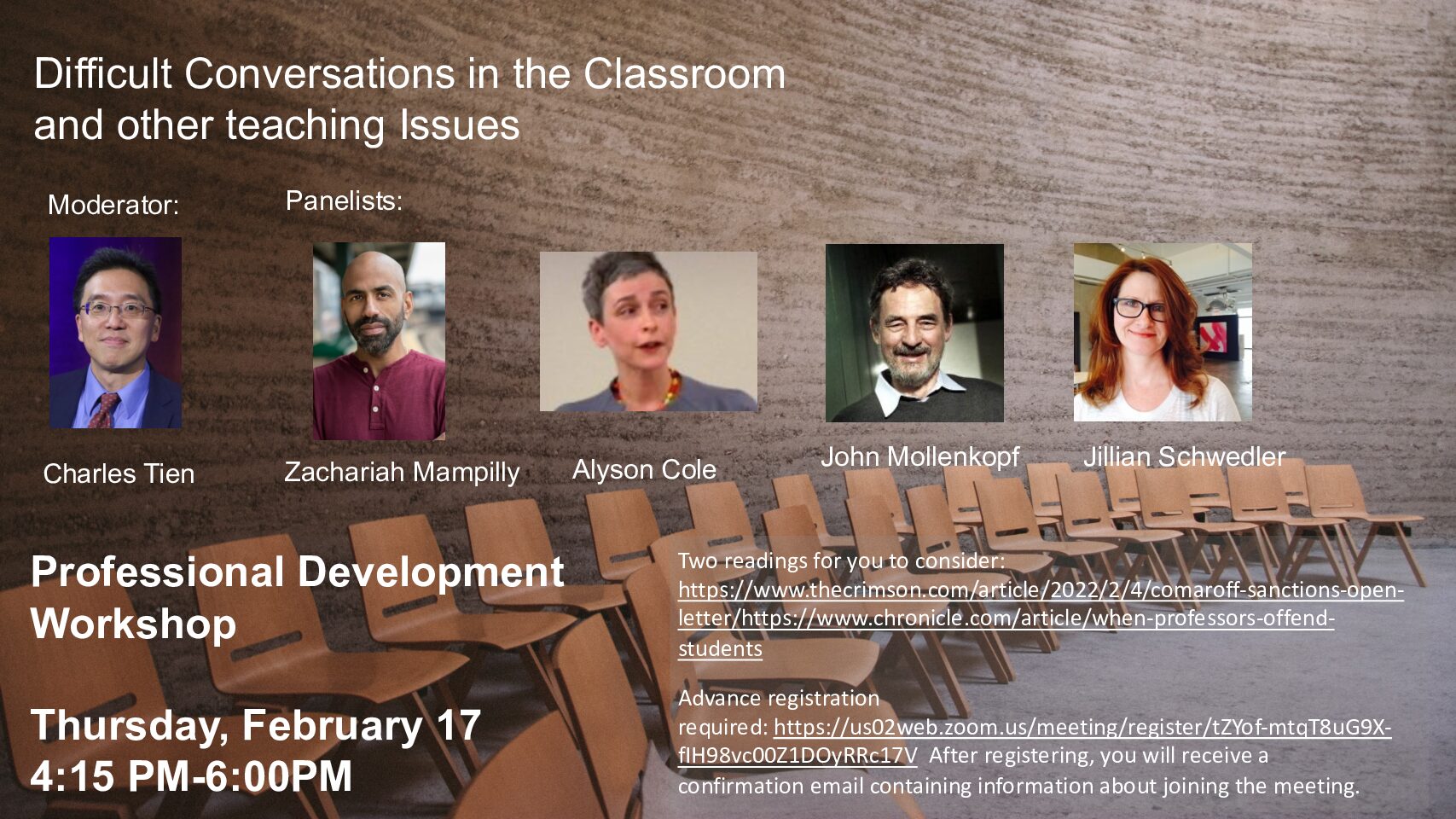 Professional Development Workshop: Difficult Conversations in the Classroom and other Teaching Issues, Thursday, February 17, 4:15-6pm EST